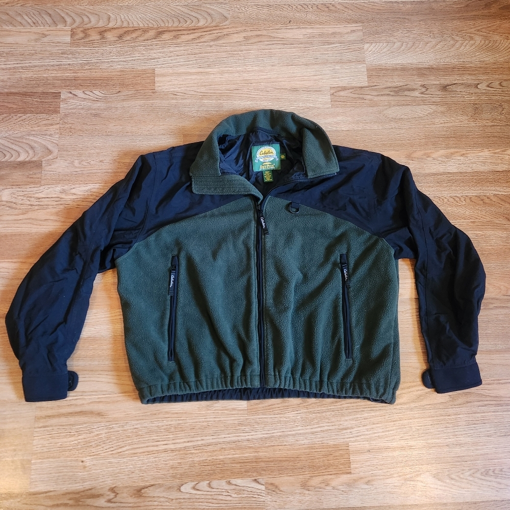 Cabelas Dry Plus Jacket Mens 2XL Lined Fleece Green Black Nylon Full Zip Pockets